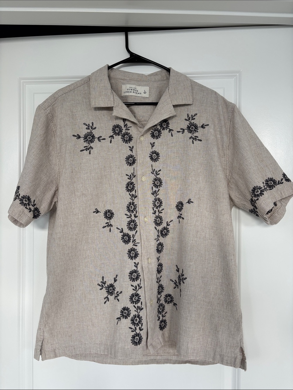 Embroidered Linen-Blend Short Sleeve Shirt - Light Tan with Black Floral